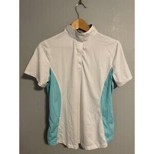 Coolblast Shirt Womens Medium White Aqua Short Sleeve Mock Neck Athleisure
